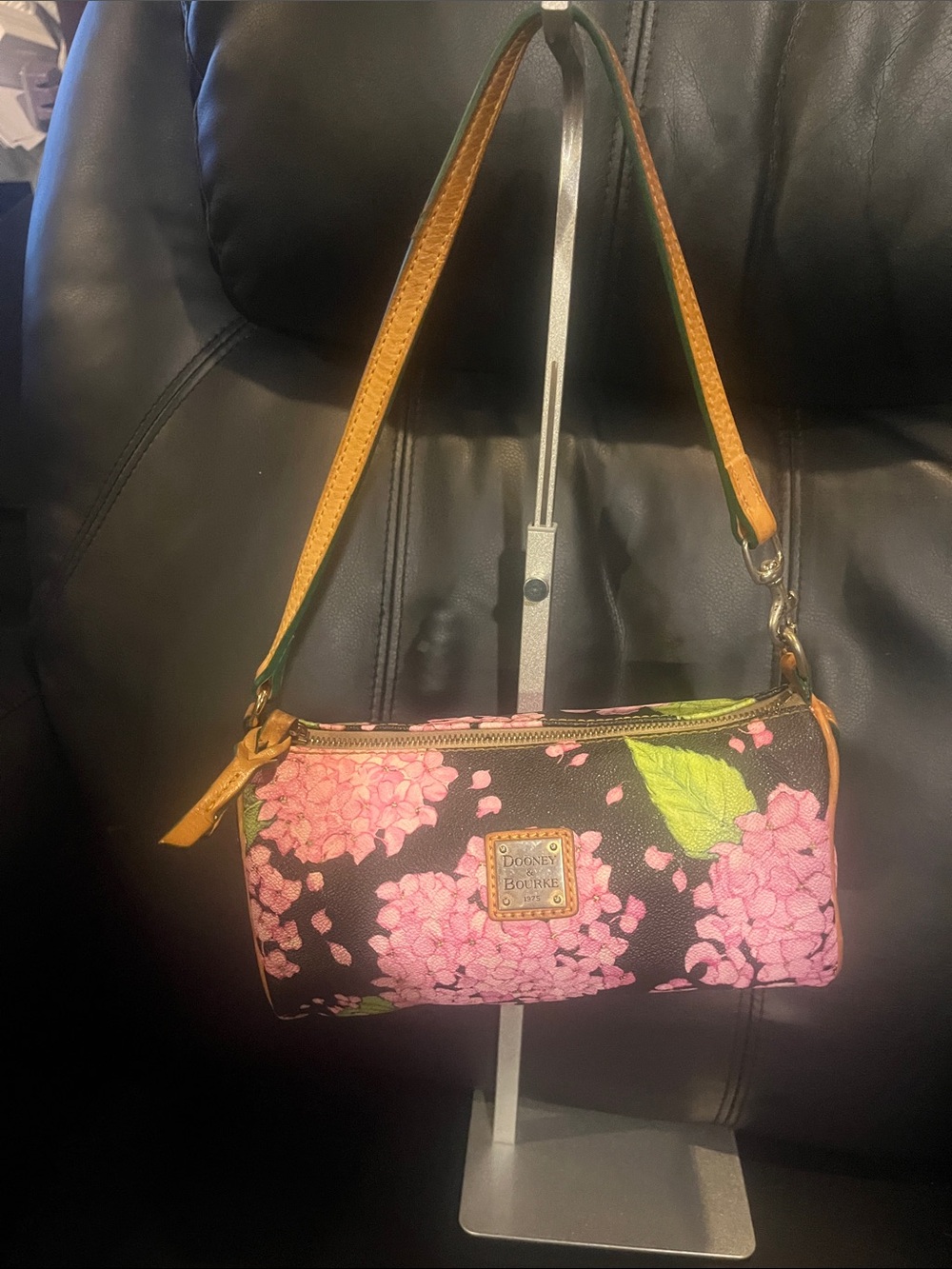 Vintage Dooney & Bourke Black Floral Mini Barrel Shoulder Bag with Pink Flowers